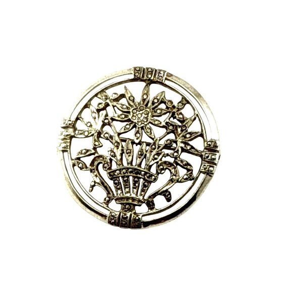 Vintage Sterling Silver Flower Basket Brooch Marcasite Round Pin - Picture 3 of 8